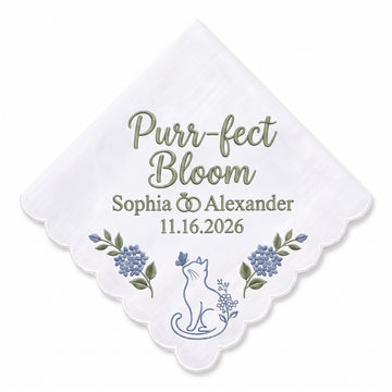 Cat Hydrangea Personalized Embroidered Handkerchief for the Bride & Groom