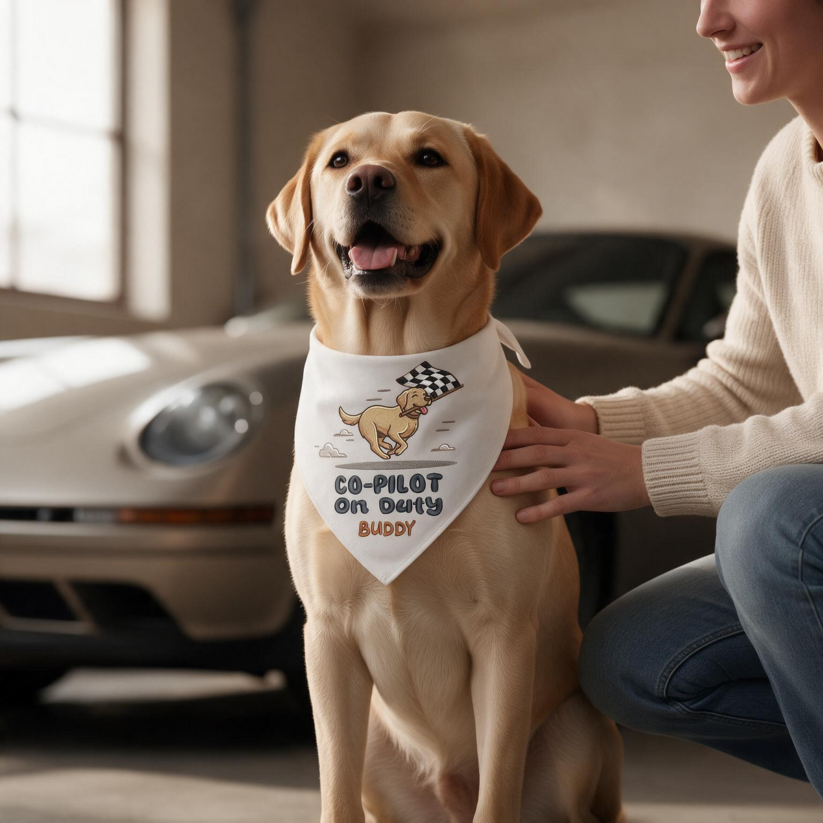 Labrador Car Racing Personalized Embroidered Pet Bandana for Speed Enthusiasts (ver 2)