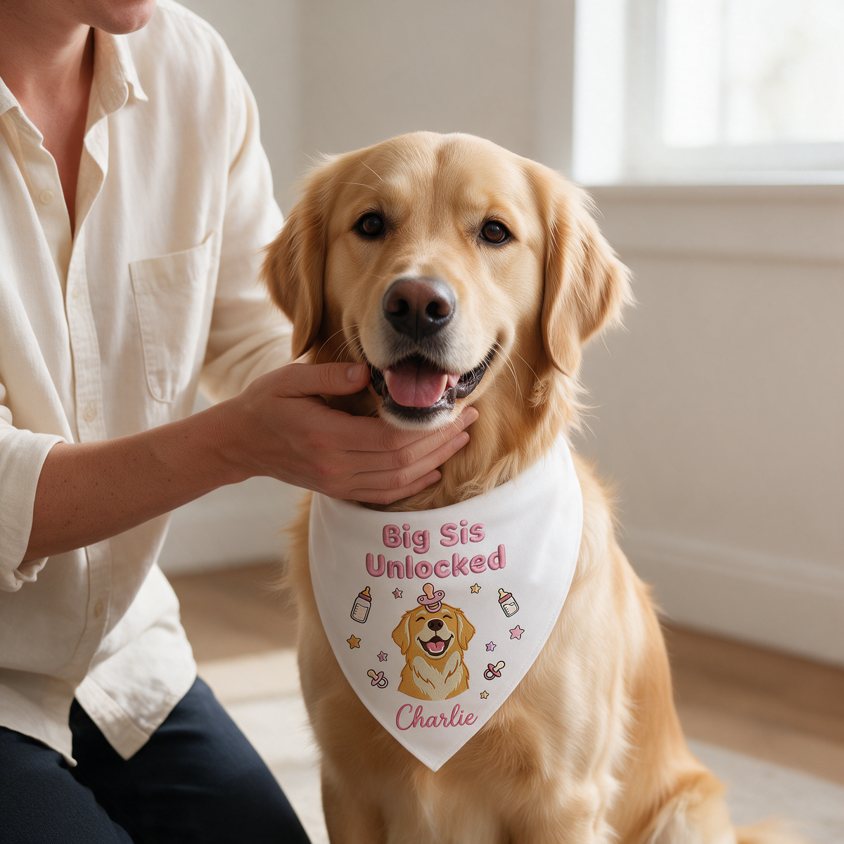 Golden Retriever Personalized Embroidered Bandana for New Baby Announcements (ver 2)