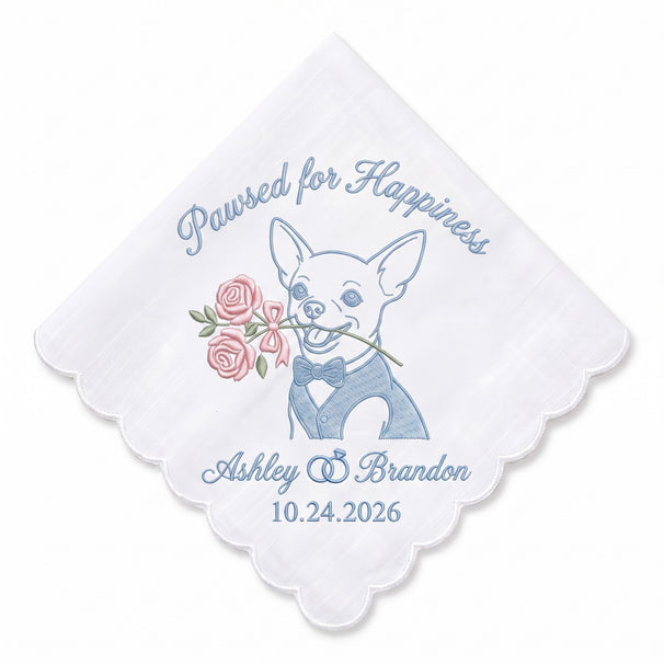 Chihuahua Garden Rose Personalized Embroidered Handkerchief for a Wedding Keepsake
