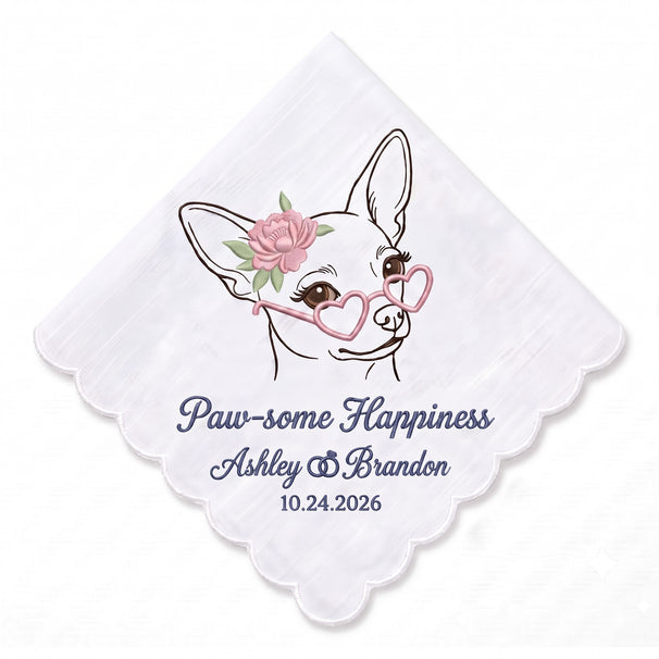 Chihuahua Peony Personalized Embroidered Handkerchief for Your Wedding Day
