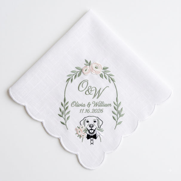 Labrador Ranunculus Personalized Embroidered Handkerchief for the Bride & Groom