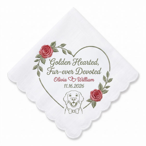 Golden Retriever Garden Rose Personalized Embroidered Handkerchief for the Bride & Groom