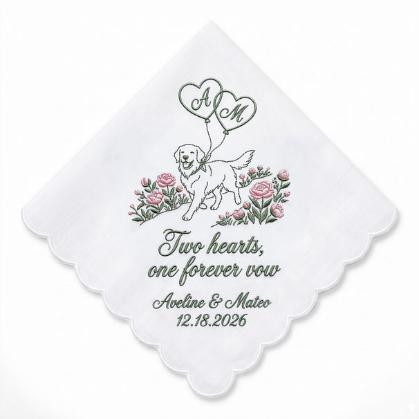 Golden Retriever Peony Personalized Embroidered Handkerchief for a Wedding Keepsake