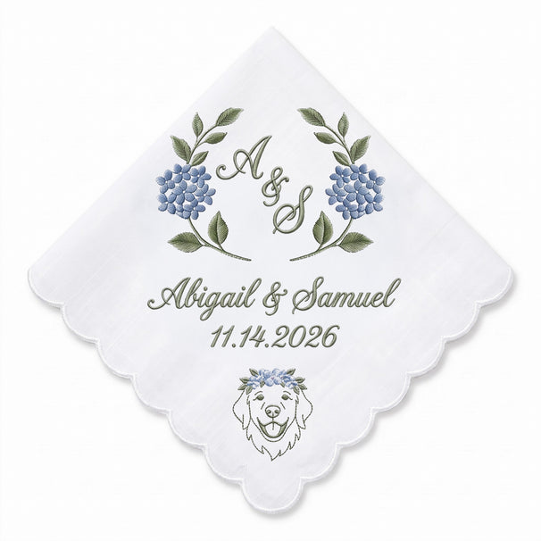 Golden Retriever Hydrangea Personalized Embroidered Handkerchief for a Bridal Shower Gift