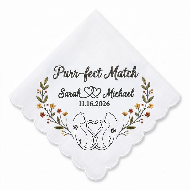 Cat Wildflower Personalized Embroidered Handkerchief for a Wedding Keepsake