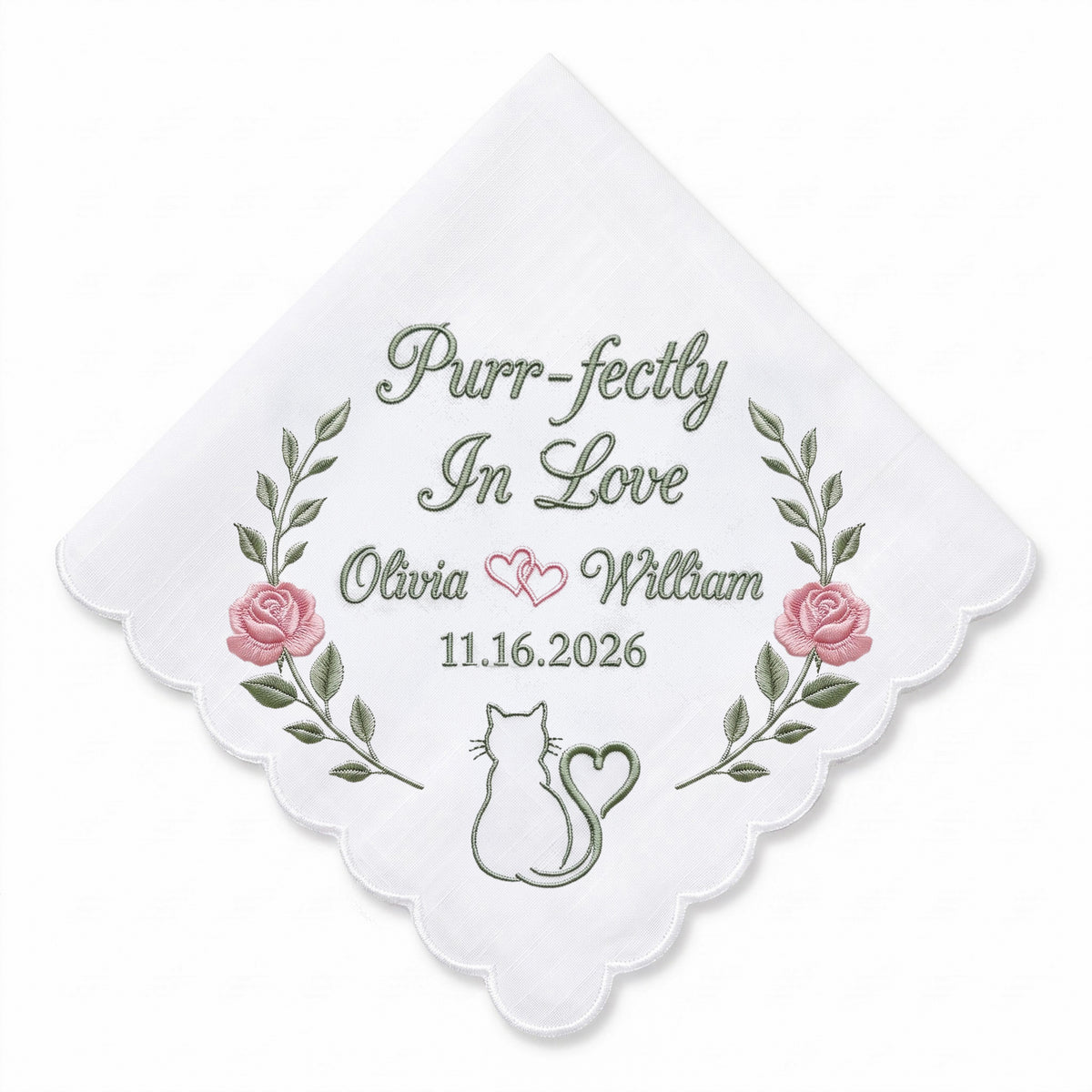 Cat Garden Rose Personalized Embroidered Handkerchief for Your Wedding Day