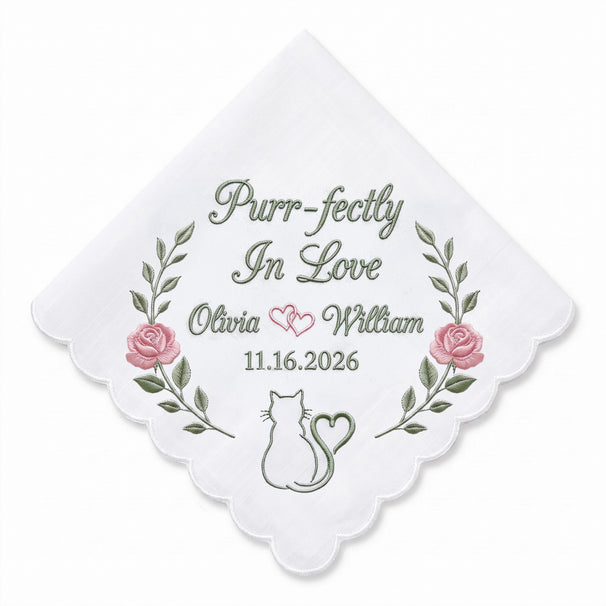 Cat Garden Rose Personalized Embroidered Handkerchief for Your Wedding Day