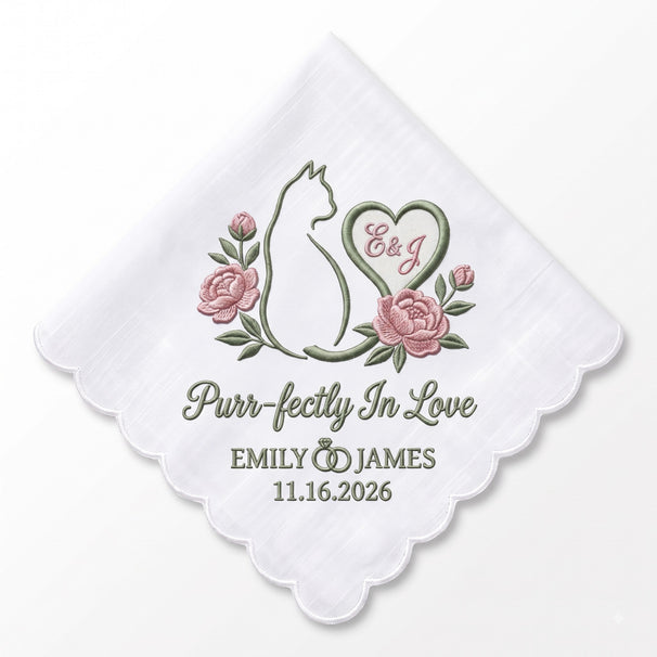 Cat Peony Personalized Embroidered Handkerchief for a Bridal Shower Gift