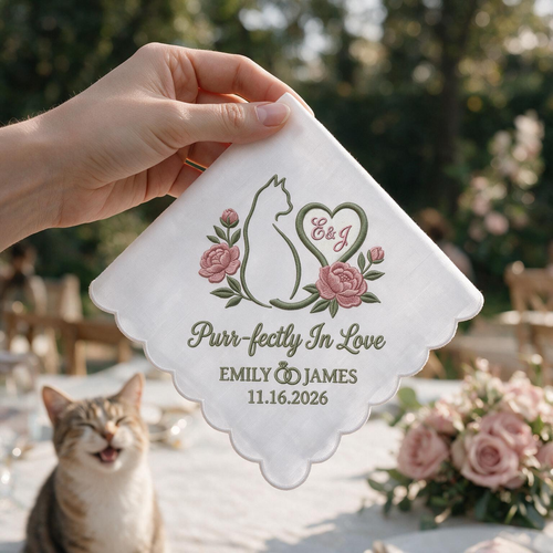 Cat Peony Personalized Embroidered Handkerchief for a Bridal Shower Gift