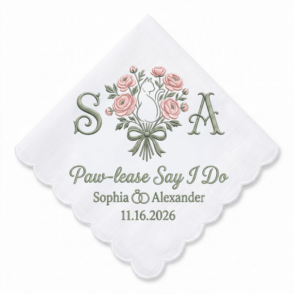 Cat Ranunculus Personalized Embroidered Handkerchief for Bridal Party Gift