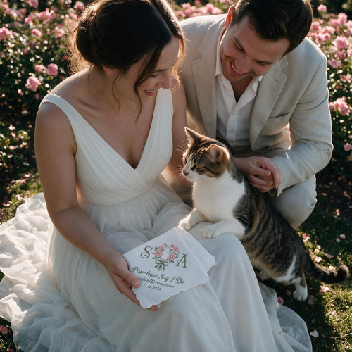 Cat Ranunculus Personalized Embroidered Handkerchief for Bridal Party Gift