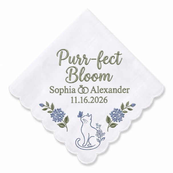 Cat Hydrangea Personalized Embroidered Handkerchief for the Bride & Groom