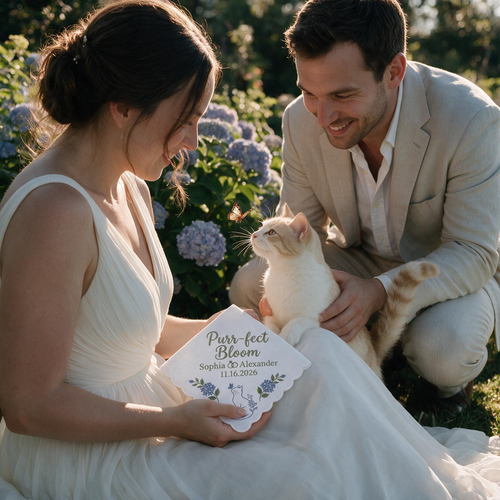 Cat Hydrangea Personalized Embroidered Handkerchief for the Bride & Groom