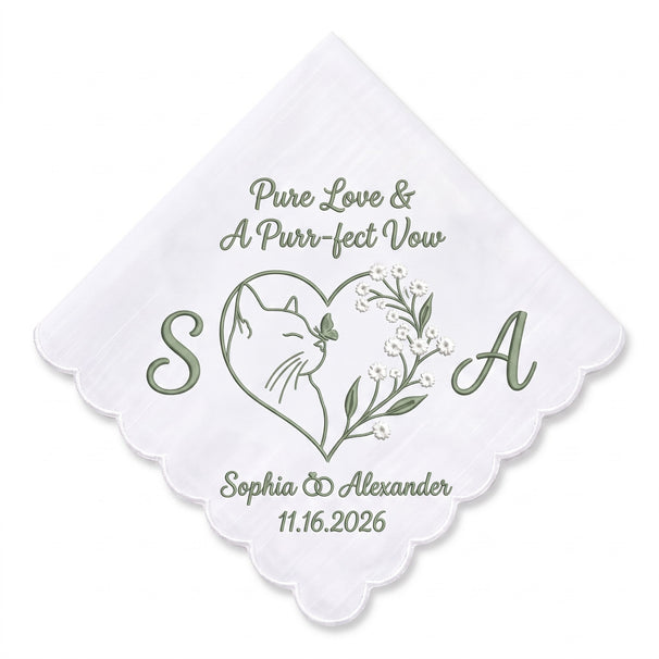 Cat Baby's Breath Personalized Embroidered Handkerchief for a Wedding Keepsake