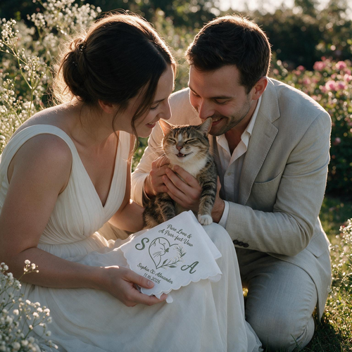 Cat Baby's Breath Personalized Embroidered Handkerchief for a Wedding Keepsake