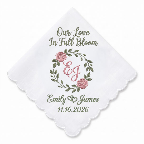 Garden Rose Personalized Embroidered Handkerchief for Bridal Party Gift
