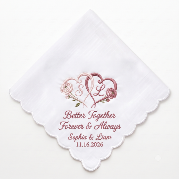 Ranunculus Personalized Embroidered Handkerchief for a Wedding Keepsake