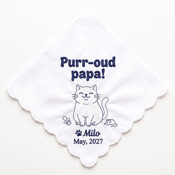 Dad-to-Be Cat Personalized Embroidered Handkerchief for a Baby Reveal