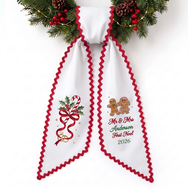 Newlywed Classic Christmas Personalized Embroidered Wreath Sash for Newlyweds' First Christmas