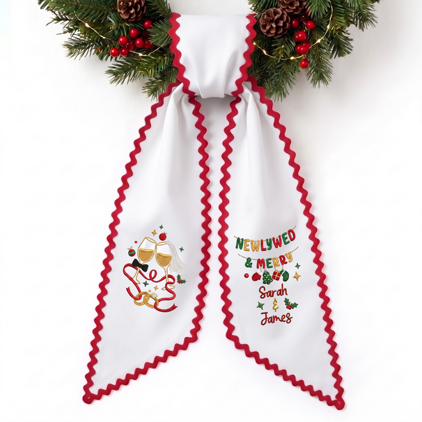 Newlywed Minimal Personalized Embroidered Wreath Sash for Newlyweds' First Christmas