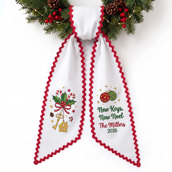 New Home Classic Christmas Personalized Embroidered Wreath Sash for a New Home First Christmas Gift