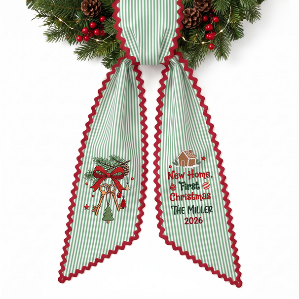 New Home Minimal Personalized Embroidered Wreath Sash for a New Home First Christmas Gift