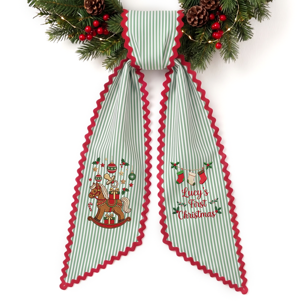 New Baby Cozy Plaid Personalized Embroidered Wreath Sash for New Baby Christmas Keepsake